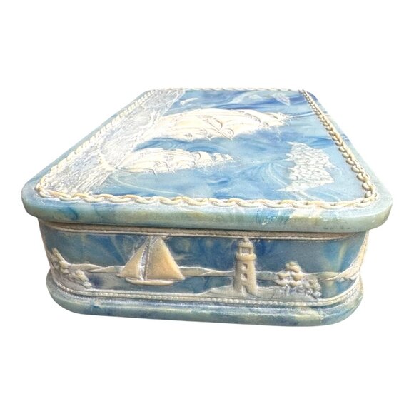 Nautical Sailing Clipper Ships Incolay Stone Jewelry Keepsake Box Large Usa 12" - Picture 10 of 16